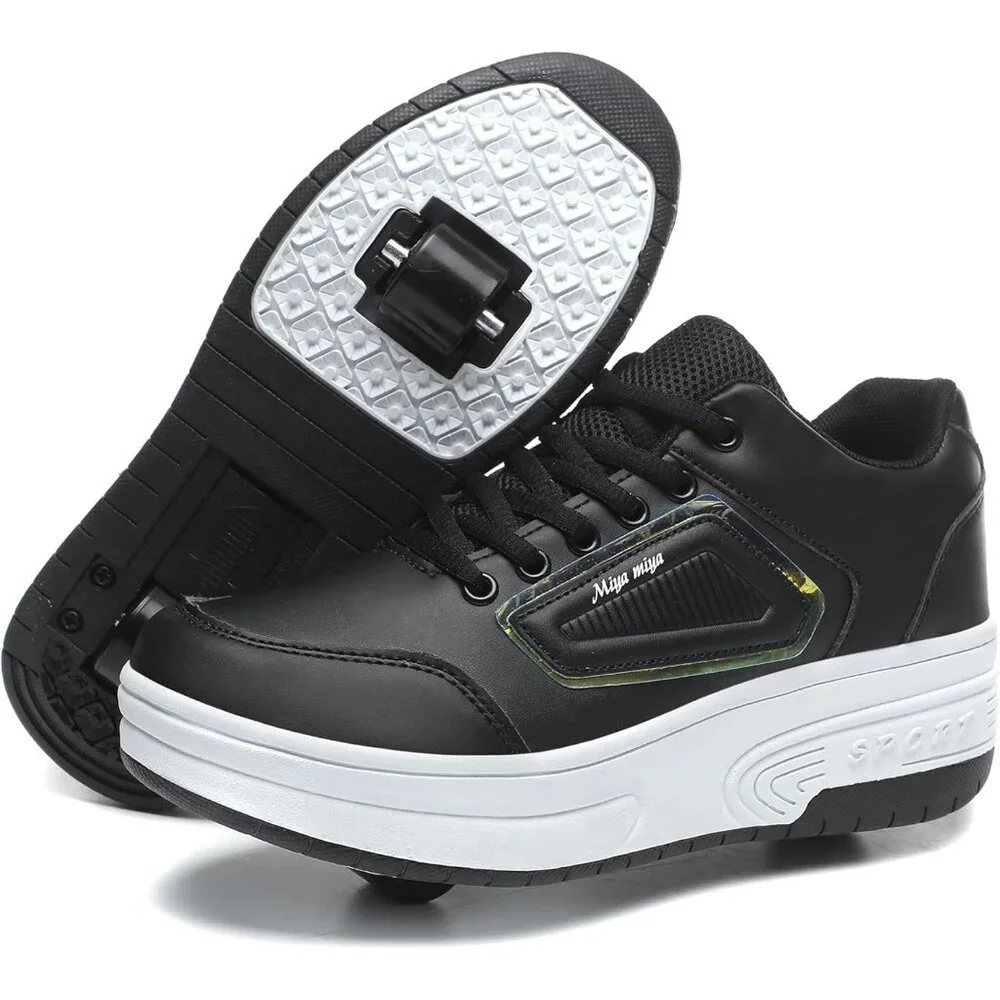 Kids Black Recharge Able Wheels Sneakers Fashion Roller Wheeled Skate Shoes - Picture 7 of 8